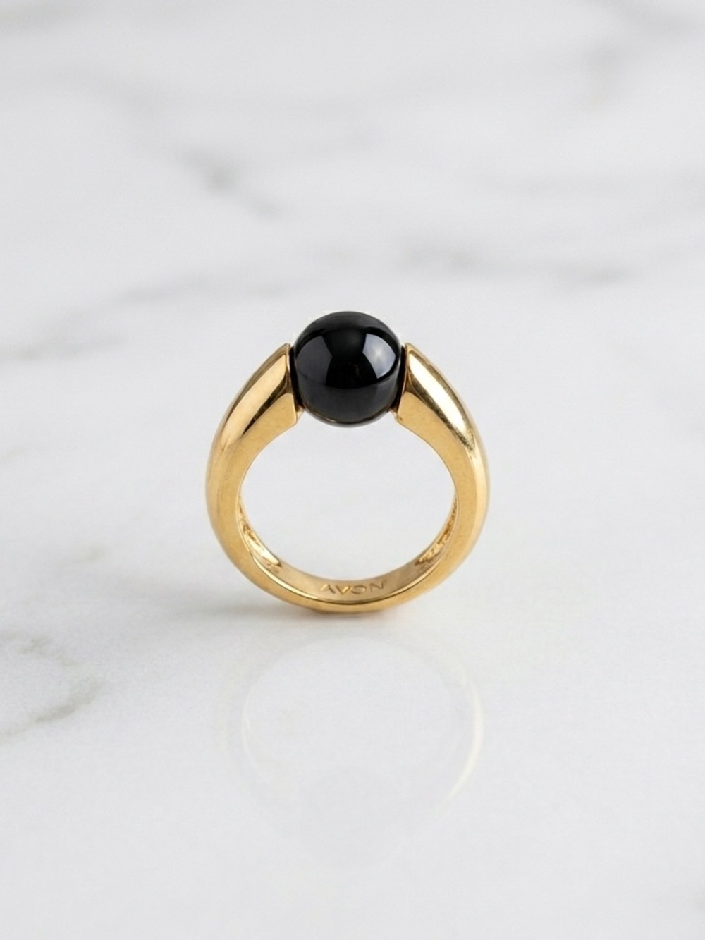 VTG 70s Avon Black Cabochon (Stone) Gold Tone Statement Ring, Stacking sz. 5 - Picture 17 of 17